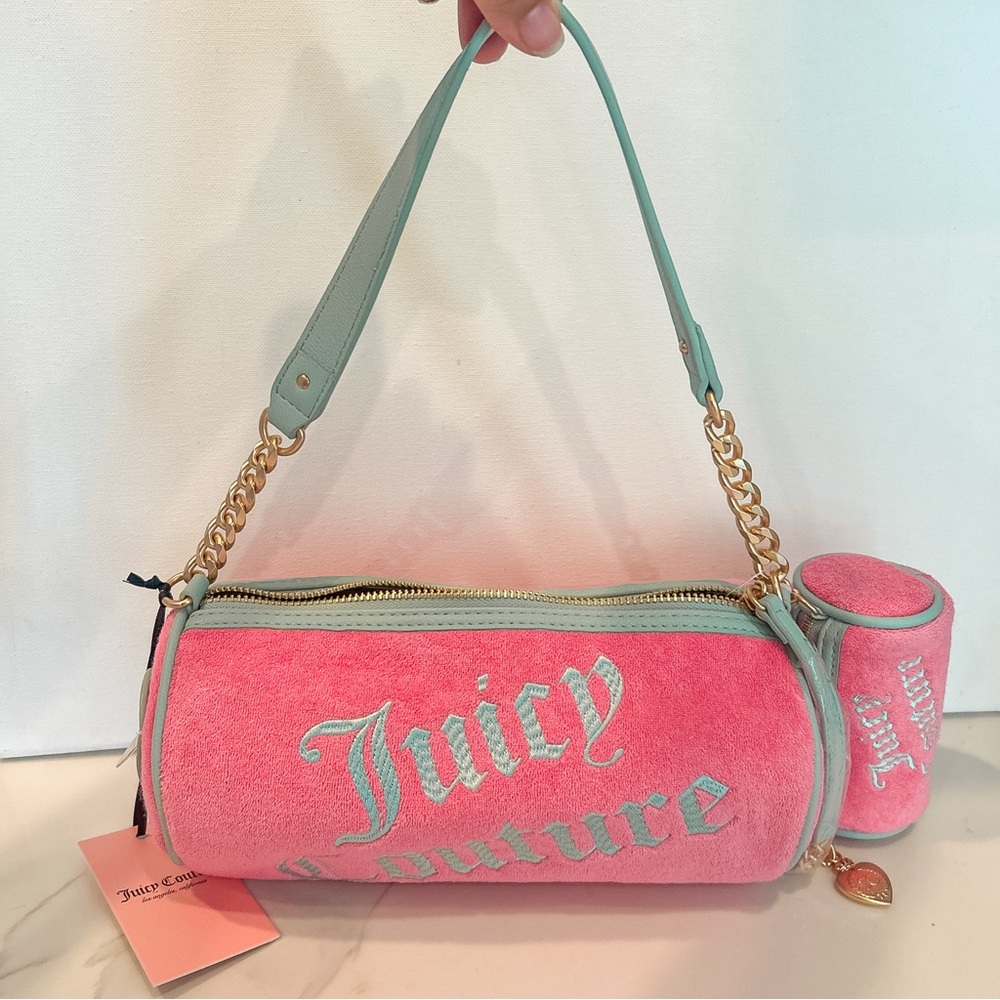 Juicy Couture Bag Pink Blue Terry Cloth Velour Barrel Shoulder Bag Set Y2K NWT